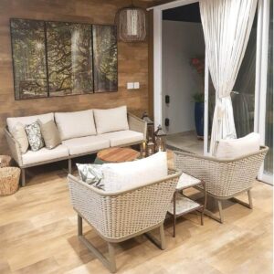 Imagem do Conjunto de Sofá Paris para Varanda, composto por sofá de 3 lugares, 2 poltronas e mesa de centro.